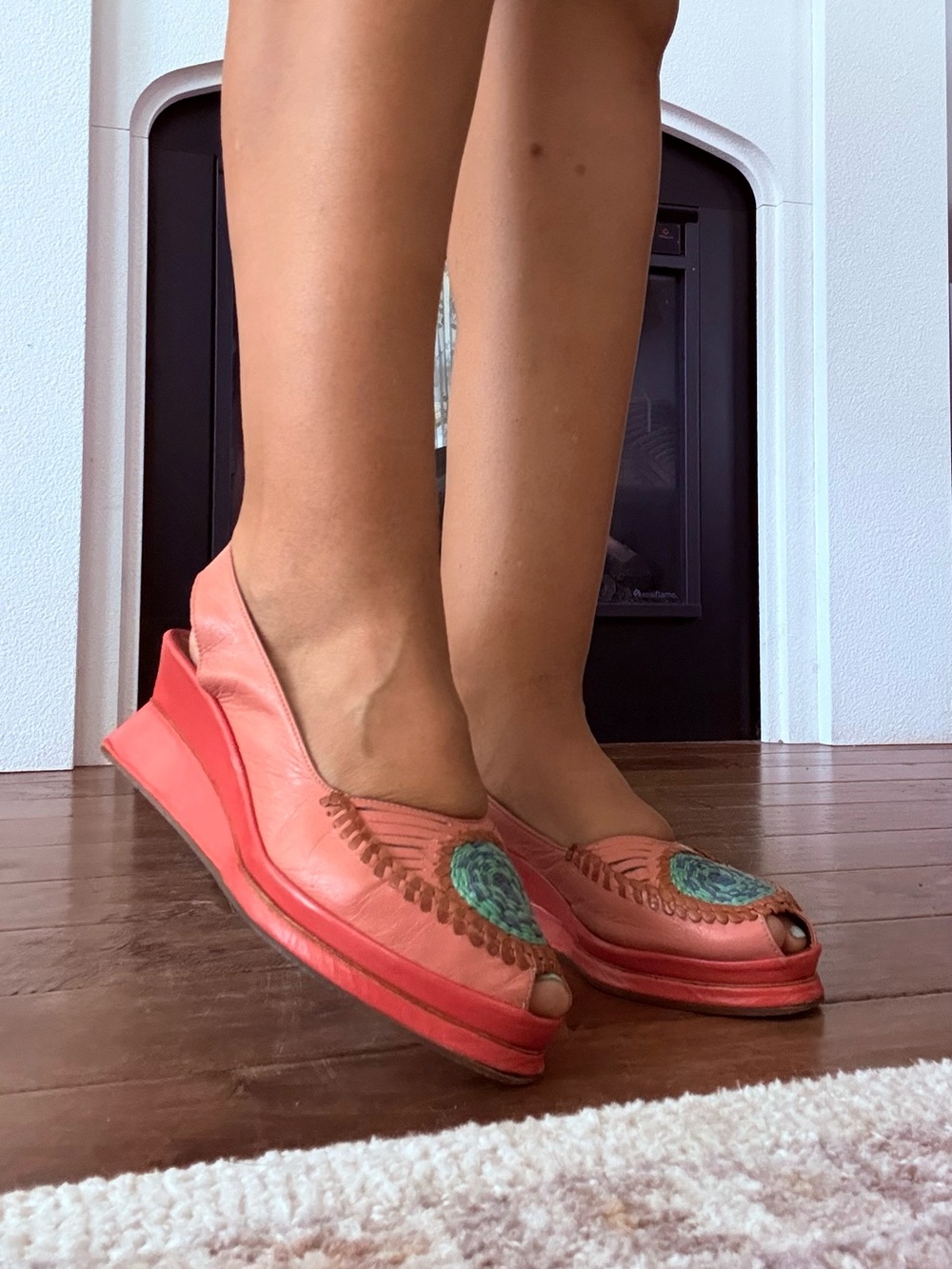 Women’s Coral Peep-Toe Wedge Flats with Embroidered Detail